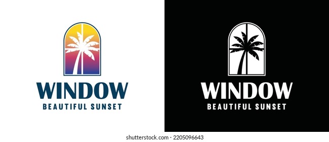 Palm tree on the windows with sunset or sunrise symbol icon modern logo vector