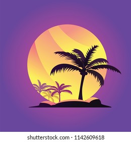 Palm tree on yellow sun and purple sky background. Coconut palm tree on background golden sunset in evening sky. Vector illustration