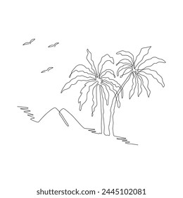 Palm tree in one continuous line drawing. Vector tropical landscape, seagulls, hills, sea cost illustration. Travel, summer vacation, adventure graphics hand drawn in black single line, minimal style.