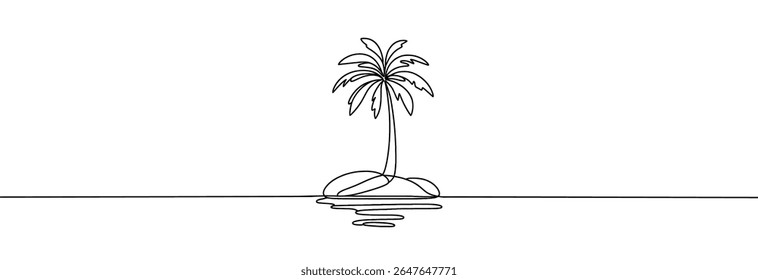 Palm tree one continuous line drawing. One line of tropical palm trees . Ocean beach line art . Palm on the island .Tropical beach .Travel and vacation concept.Landscape.