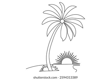 Palm tree in one line art drawing style on white background Vector flat illustration

