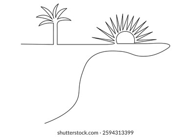 Palm tree in one line art drawing style on white background Vector flat illustration

