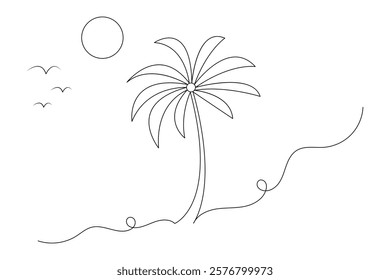 Palm tree one line drawing of isolated continuous outline vector illustration