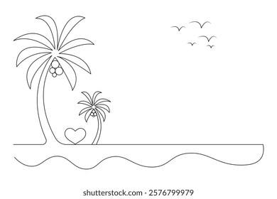 Palm tree one line drawing of isolated continuous outline vector illustration