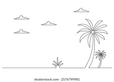 Palm tree one line drawing of isolated continuous outline vector illustration