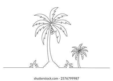 Palm tree one line drawing of isolated continuous outline vector illustration