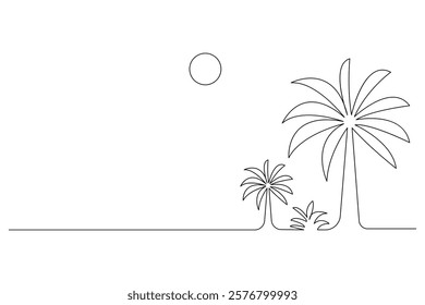 Palm tree one line drawing of isolated continuous outline vector illustration