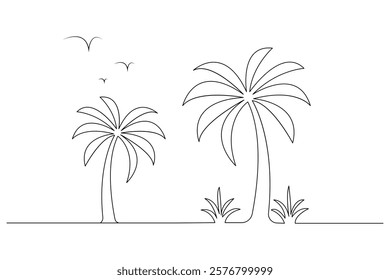 Palm tree one line drawing of isolated continuous outline vector illustration