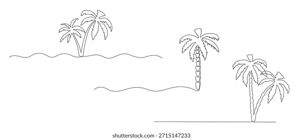 Conjunto de ilustraciones de una línea de palmera. Dibujado a mano boceto de Vector de doodle de verano