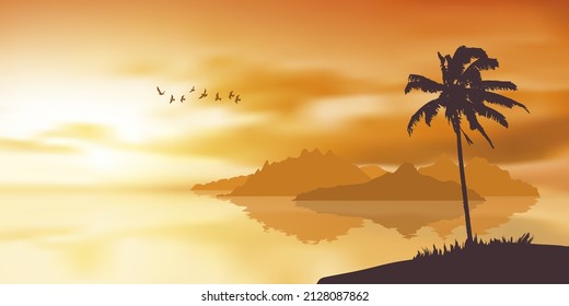 Atardecer de palmeras y naranjas en la ilustración del vector marino. Banner o fondo para vacaciones de verano o concepto de turismo exótico