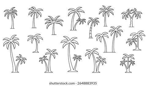 Palm Tree Outline Icon Set in Line Art Style for Tropical, Beach, and Nature Themes