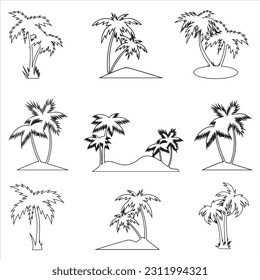 The Palm Tree outline is Set on white background. Design Template for Tropical, Vacation, Beach, and Summer Concepts. Vector Illustration.