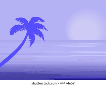 Palm tree over blue sunset seascape