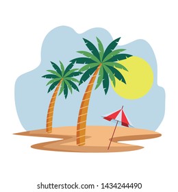 palm tree over sand with beach umbrella and sun icon cartoon vector illustration graphic design