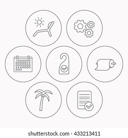 Palm tree, paper towel and beach deck chair icons. Clean room linear signs. Check file, calendar and cogwheel icons. Vector