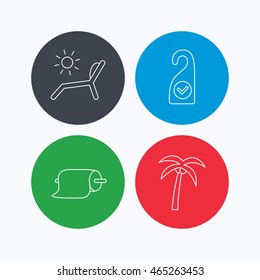 Palm tree, paper towel and beach deck chair icons. Clean room linear signs. Linear icons on colored buttons. Flat web symbols. Vector