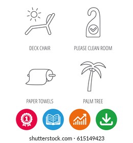 Palm tree, paper towel and beach deck chair icons. Clean room linear signs. Award medal, growth chart and opened book web icons. Download arrow. Vector