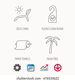 Palm tree, paper towel and beach deck chair icons. Clean room linear signs. Calendar, Graph chart and Cogwheel signs. Download colored web icon. Vector