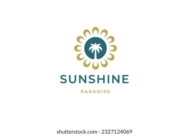 Palm tree paradise in bright sun flower minimal logo design template for travel service vector illustration. Touristic agency natural summer vacation adventure tourism journey branding identity emblem