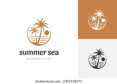 palm tree and paradise logo with tropical beach line art symbol element for the summer holiday logo. Vector illustration, flat design.
