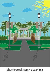 Palm Tree Park surrounded by lights with banners