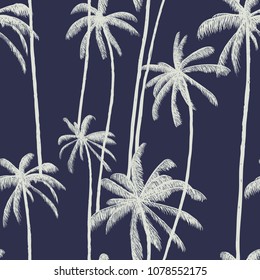 Palm Tree Pattern. Hand Drawn Textures On Exotic Trendy Blue Background. Nature Textile Print. Modern Tropical Template For Web, Card, Placard, Poster, Cover, Flyer, Invitation, Brochure.