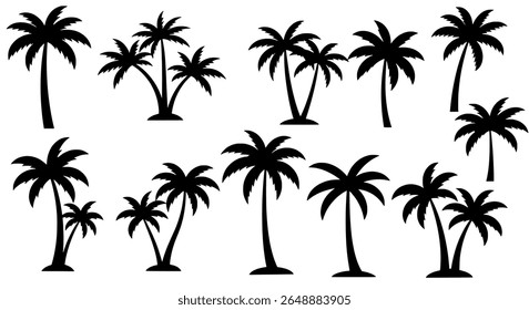 Palm Tree Pattern Icons in Black Silhouette for Tropical Design, Holiday Graphics, and Nature Branding