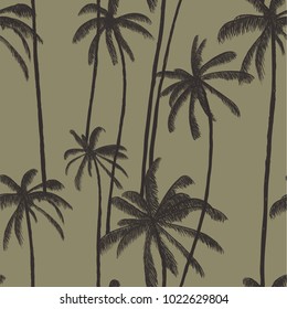 Palm tree pattern. Seamless hand drawn textures on exotic trendy background. Nature textile print. Modern tropical template for web, card, placard, poster, cover, flyer, invitation, brochure, banner.