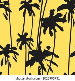 Palm tree pattern. Seamless hand drawn textures on exotic trendy background. Nature swimwear textile print. Modern summer tropical template for web, card, placard, poster, cover, flyer, invitation.