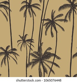 Palm tree pattern. Seamless hand drawn textures on exotic trendy background. Nature textile print. Modern tropical template for t-shirt, swimwear, web, card, placard, poster, cover, flyer, invitation.