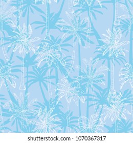 Palm tree pattern. Seamless hand drawn textures on exotic trendy background. Nature textile print. Modern tropical template for web, card, placard, poster, cover, flyer, invitation, brochure, banner.