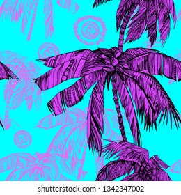 Palm tree pattern vector paln coconut background. Graphic painting black silhouettes  lines