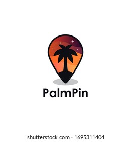 Palm tree pin in beautiful night logo icon vector template on white background