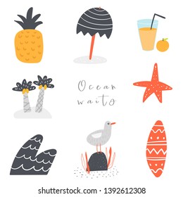 Palm tree, pineapple, juice, sea star, wave, seagull, surf, umbrella background with text space, abstract elements.Card, postcard, poster about travelling, vacation, leisure, trip, tourism