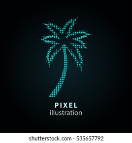 Palm tree - pixel icon. Vector Illustration. Design logo element. Isolated on black background. It is easy to change to any color.