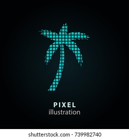 Palm tree - pixel icon. Vector Illustration. Design logo element. Isolated on black background. It is easy to change to any color.