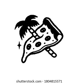 PALM TREE AND PIZZA SLICE BLACK WHITE BACKGROUND