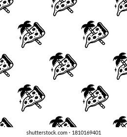 PALM TREE Y PIZZA SLICE SEAMLESS PATTERN BLANCO NEGRO FONDO