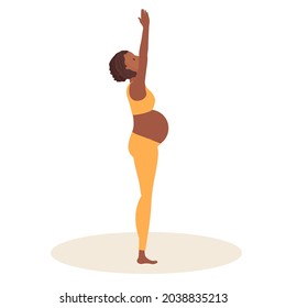 Palm Tree Pose. Pregnant African American Woman Doing Yoga. Woman In Sportswear Doing Exercises On Mat. Women Healthy Life Style Concept. Vector Workout Illustration. Urdhva Hastasana.