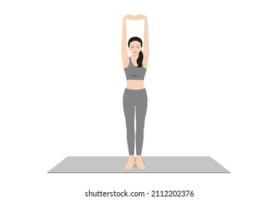 Pose de árbol de palmas, Pose de estiramiento de mano superior, Saludo ascendente, Pose de manos levantadas, Tadasana Urdhva Baddhanguliyasana, Urdhva Hastasana. Hermosa chica practica Urdhva Hastasana. Joven atractiva mujer