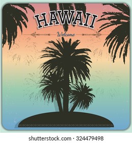 Palm tree poster and print , tropical background with the slogan "Hawaii, Welcome"