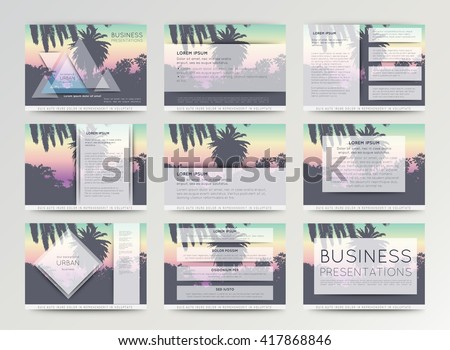 Palm tree poster and print , tropical background. Business template for brochure, flyer or booklet. Set of vector templates for presentation slides and power-point presentation.