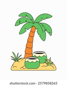 A palm tree with pots on a sandy beach tropical cartoon illustration cartoon hand drawn in a colorful and vibrant style for tropical and vacation theme