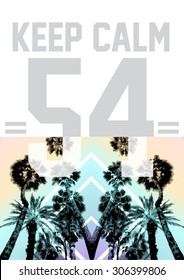 Palm tree print with number and slogan in multicolor, for t-shirt graphic and other uses
