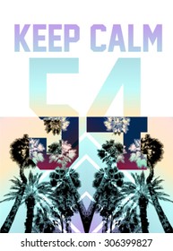 Palm tree print with number and slogan in multicolor, for t-shirt graphic and other uses