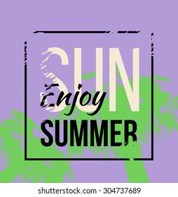Palm tree print with text for t-shirt print graphic. Vector design. Tropical print.  