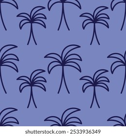 Palm tree. Purple sketch. Endless vector pattern. Outline on isolated purple background. Doodle style. Seamless ornament of tropical trees. Exotic plant with mighty trunk and large leaves. 