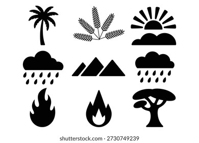 Palmera lluvia sol montañas fuego acacia hojas nube
