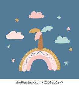 Palm tree, rainbow, clouds on a blue isolated background. Vector children's illustration. Template for poster, card, banner, fabric, wallpaper, clothing, paper.