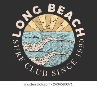 Palm tree retro print artwork. Long beach. Summer vibes. Surfing wave graphic print design for t shirt print, poster, sticker and other uses. Enjoy beach life. Sunny day at the beach. Ocean wave.